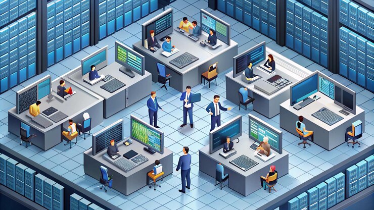 Foto una sala de computadoras con personas trabajando en el fondo