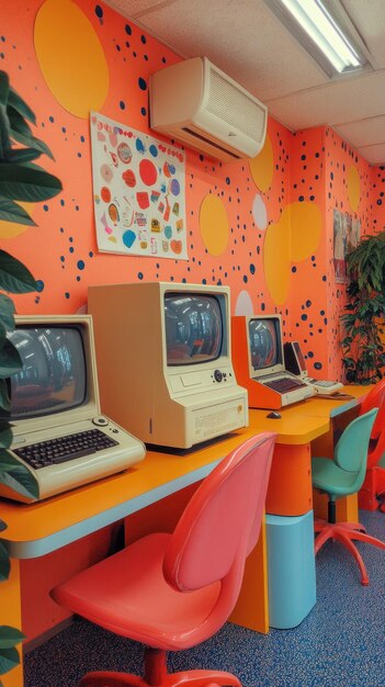 Sala de computadoras retro con decoración colorida y máquinas antiguas
