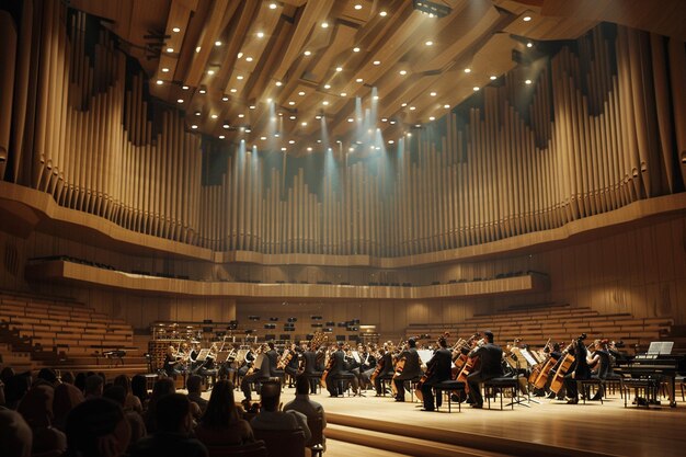 una sala de conciertos con un gran escenario con una sala de concertos detrás de ella