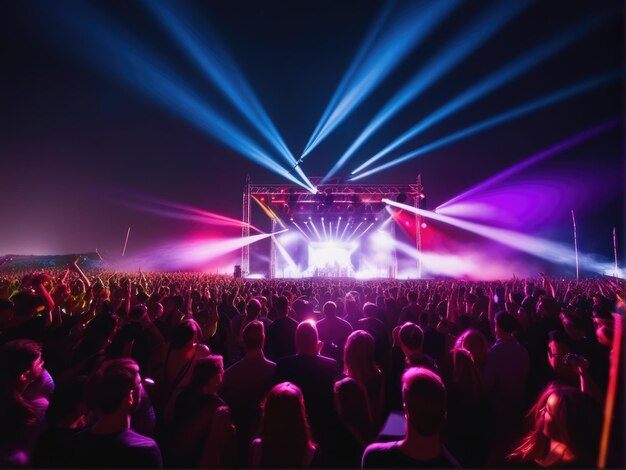 Una sala de conciertos llena de gente con luces de escenario para un espectáculo de rock