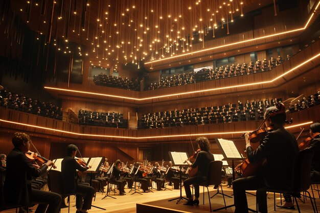 una sala de conciertos con una sala de concertos con una orquesta en el techo