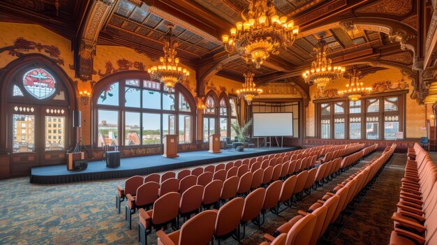 Foto sala de conferencias adornada con techo de cofre y vidrieras