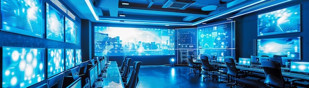 Sala de conferencias de alta tecnología con una gran pared de video
