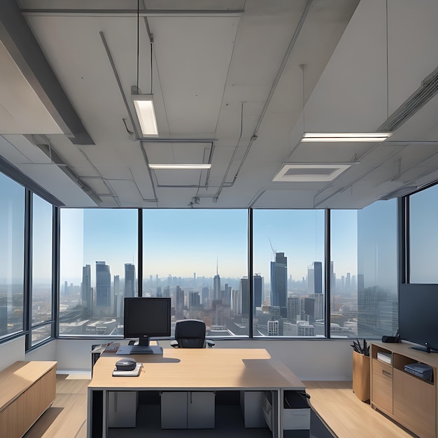 Una sala de conferencias con un escritorio y una pared de ventanas que dicen que es la generación de IA de la oficina