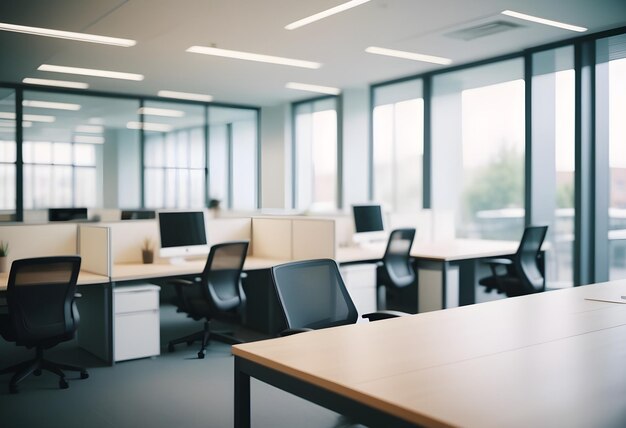 una sala de conferencias con un escritorio y sillas con una ventana detrás de ella