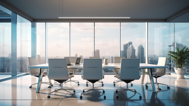 sala de conferencias con espacio de trabajo de oficina moderno con mesa y silla para reuniones con IA generativa