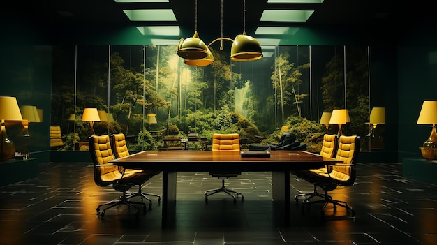 Una sala de conferencias con un fondo de pantalla verde y amarillo generado por ai