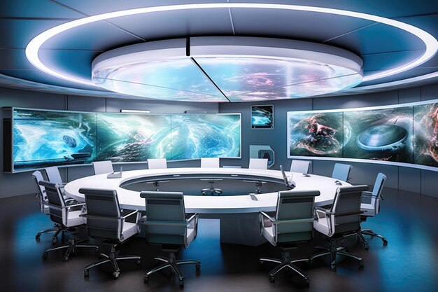 Foto sala de conferencias futurista con pantallas de proyección creadas con ia generativa