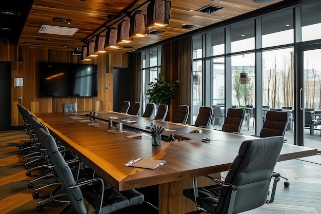 Sala de conferencias con gran mesa de madera y sillas Gran mesa de conferencias para una reunión de la junta en una oficina Generada por IA