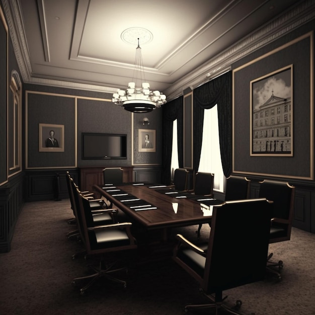 Una sala de conferencias con una gran mesa y sillas y una foto de un hombre en la pared.