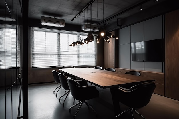 Una sala de conferencias con una gran mesa y sillas y una gran ventana que dice 'la palabra' en ella '