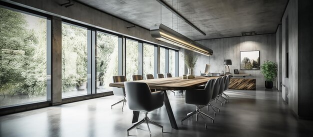 Una sala de conferencias con una gran mesa y sillas y una gran ventana.