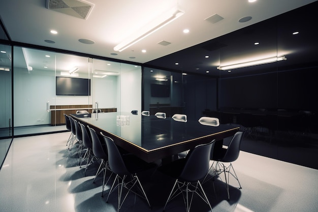 Una sala de conferencias con una gran mesa y sillas negras y una gran televisión en la pared