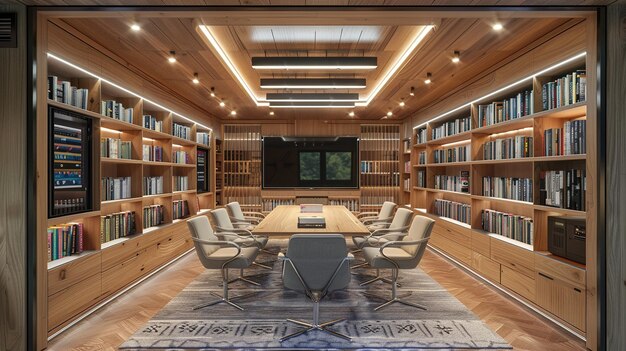 una sala de conferencias con una gran pantalla que dice "la biblioteca"