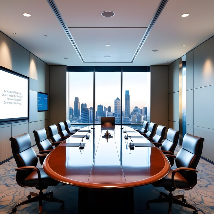 una sala de conferencias con una gran pantalla que dice bienvenido a la ciudad