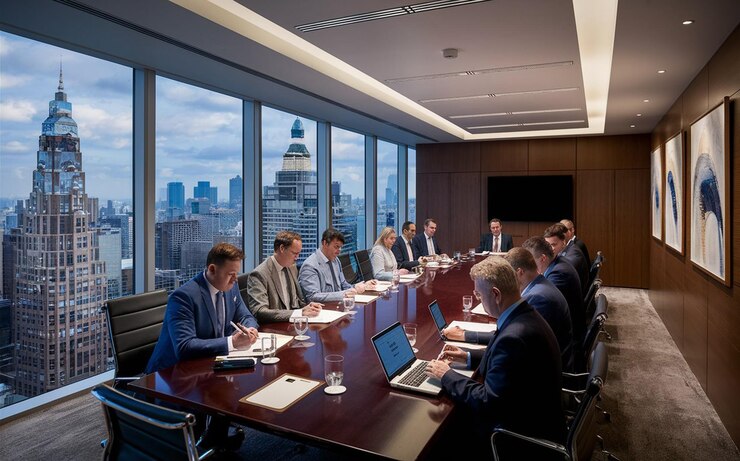Foto una sala de conferencias con una gran ventana y un horizonte de la ciudad en el fondo