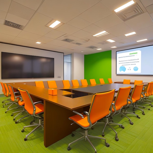 Sala de conferencias lista para presentaciones y pantalla sin texto incluida generada por IA