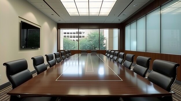 una sala de conferencias con una mesa de conferencias grande con sillas y una ventana grande