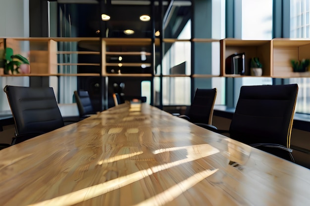 Foto una sala de conferencias con una mesa de madera y sillas