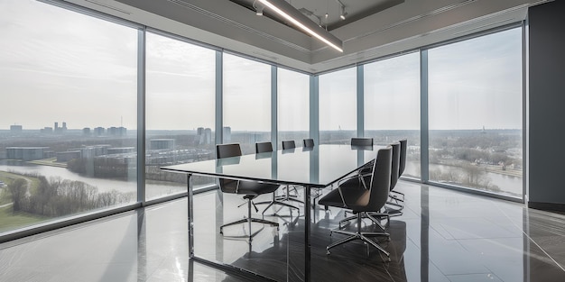 Sala de conferencias con mesa de reuniones muchos asientos ventana reflectante en el suelo con vista a la ciudad IA generativa AIG18