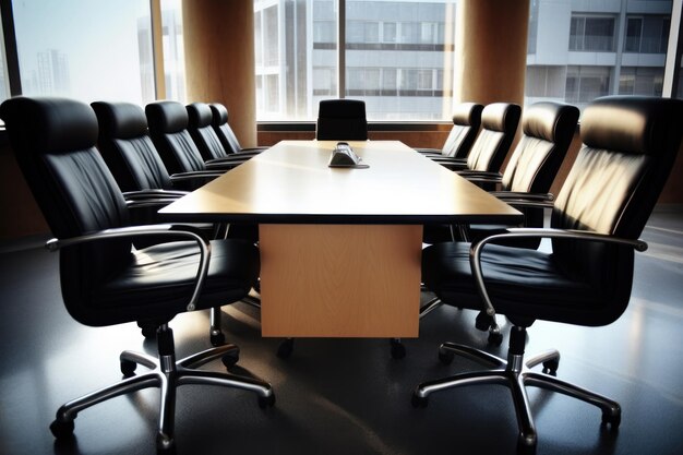 Una sala de conferencias con una mesa y sillas grandes