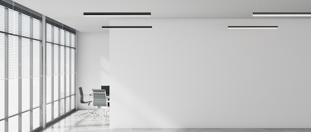 Sala de conferencias moderna Decoración interior con tono de pared blanco y sillas negras Está en un edificio de gran altura con vista a la ciudad fuera del concepto de oficina y representación 3D de estilo moderno