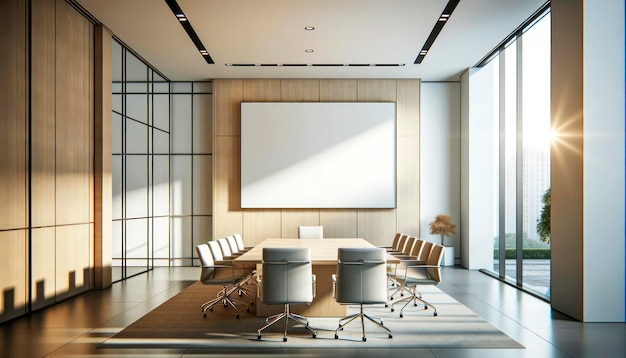 Una sala de conferencias moderna con un gran cartel en blanco en la pared la luz del sol que fluye a través de las ventanas IA generativa