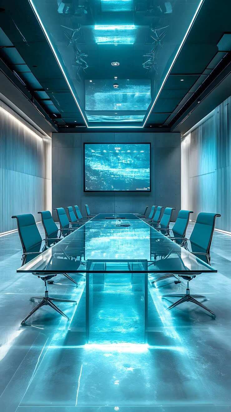 Sala de conferencias moderna con mesa de vidrio y iluminación de azul azul
