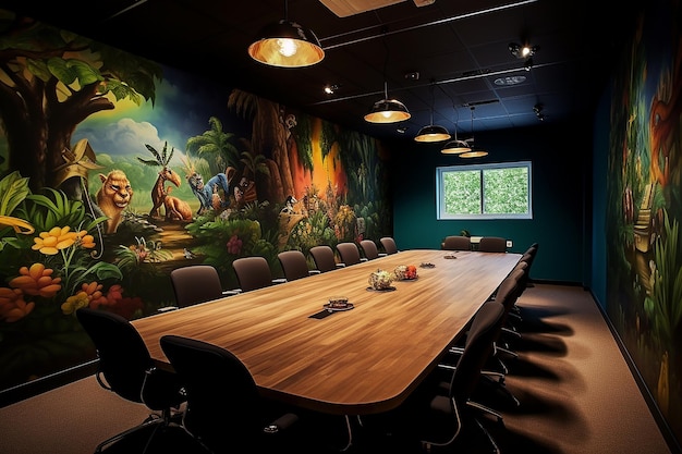 Una sala de conferencias con un mural de la selva.