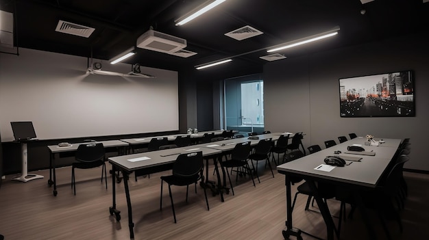 Una sala de conferencias con una pantalla grande.