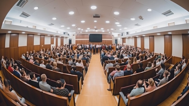 En la sala de conferencias, el público escucha el discurso del conferenciante sobre IA generativa