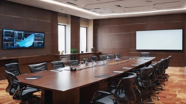 Sala de conferencias de reuniones de negocios vacía con gráficos y diagramas en la televisión en el fondo