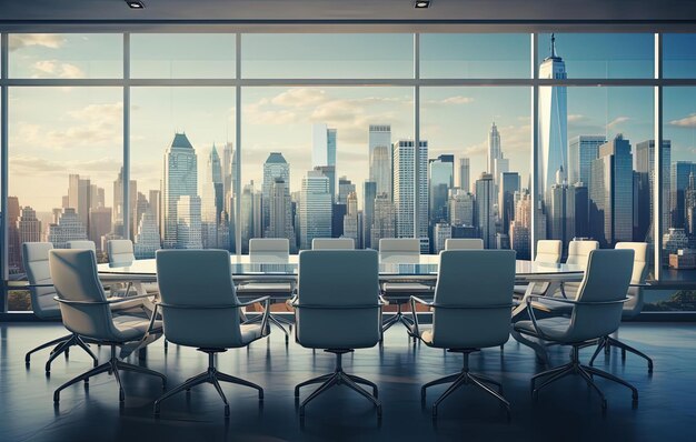 una sala de conferencias con sillas blancas y vistas de la ciudad en el estilo de perspectivas macro