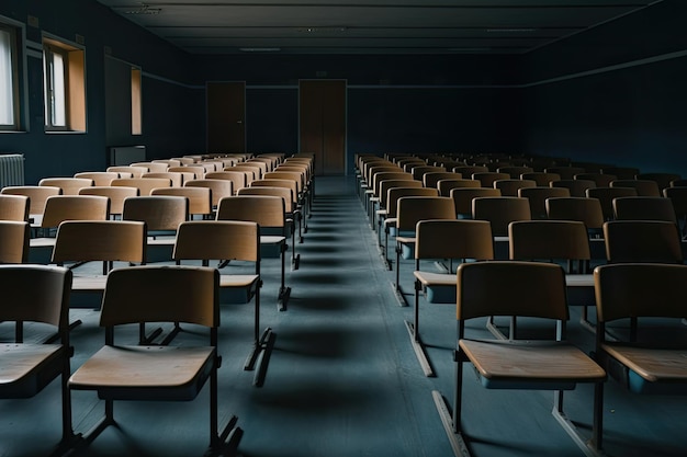 Una sala de conferencias con sillas de madera vacías dispuestas frente a una pizarra creada con inteligencia artificial generativa