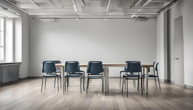 una sala de conferencias con sillas y una pared blanca con una pared blanco detrás de ella