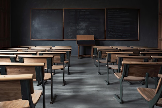 Una sala de conferencias vacía con sillas de madera y una pizarra creada con IA generativa