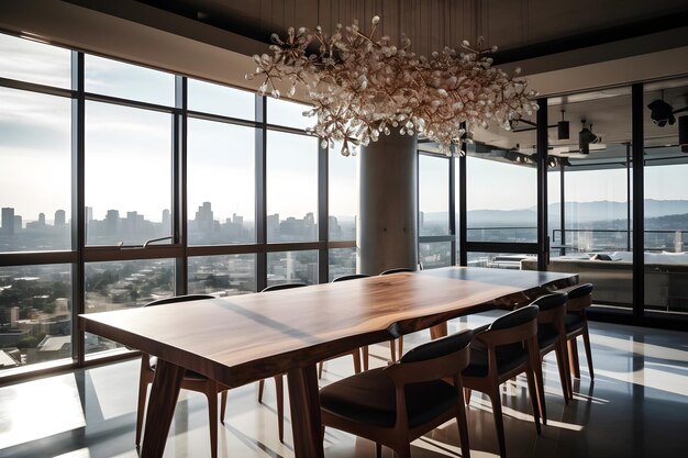 Una sala de conferencias con vista a la ciudad.