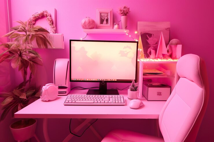 Foto sala de configuración de computadoras de color rosa generada por ia