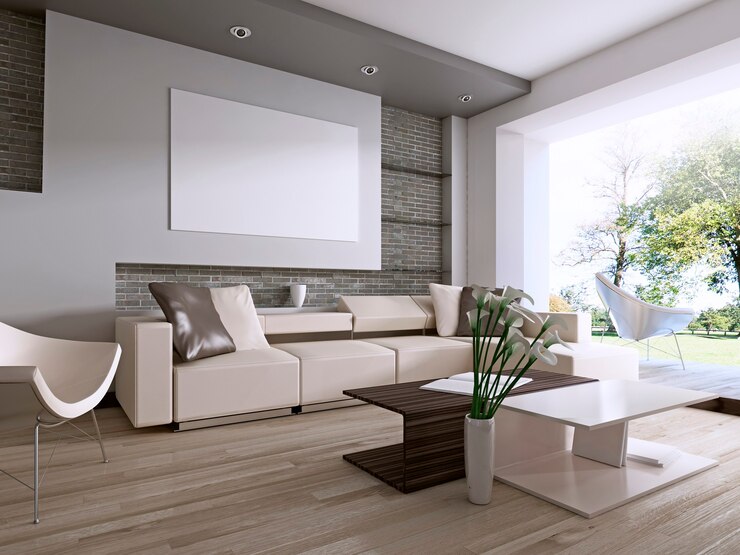 Foto sala contemporânea com grande janela com vista para o quintal. renderização 3d