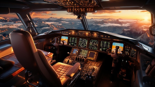 Sala de control del avión con vista muy bonita.