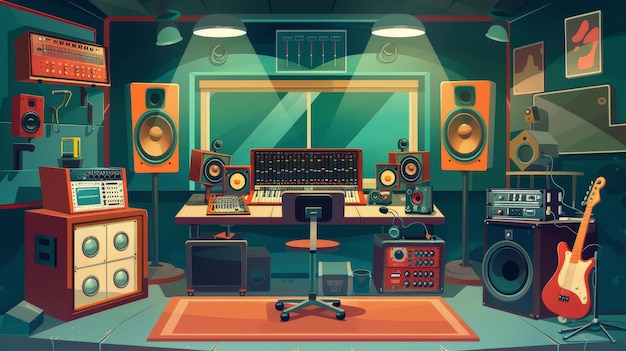 Sala de control de estudio con una cabina de cantante detrás de vidrio Interior de dibujos animados moderno con una guitarra y sintetizador mezclador de audio micrófono y herramientas de grabación profesionales