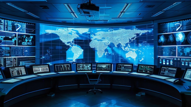 Foto sala de control futurista con una gran pantalla curva que muestra un mapa del mundo