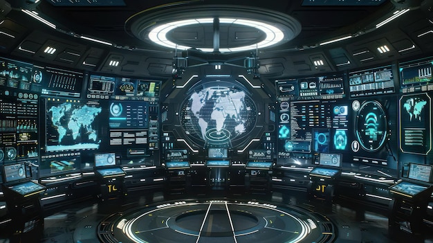 Sala de control futurista con pantallas que muestran datos y un mapa del mundo