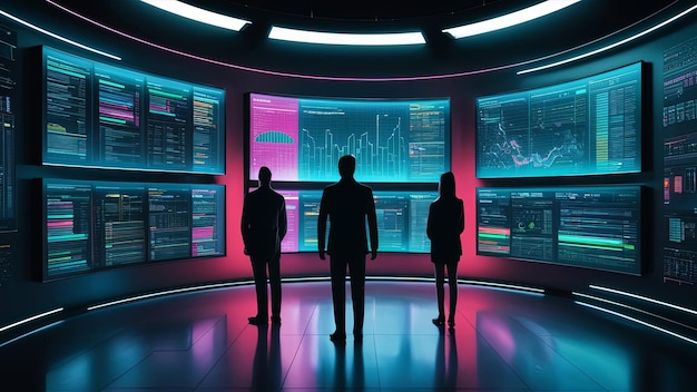 En una sala de control futurista, tres personas en silueta analizan datos en grandes pantallas iluminadas. La pantalla muestra gráficos, gráficos y líneas de código creando un dramático efecto tecnológico.