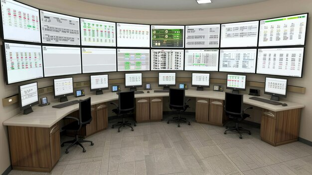 Una sala de control con múltiples monitores que muestran datos y gráficos