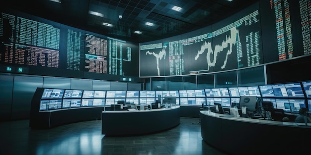Una sala de control con pantallas que muestran información sobre las operaciones financieras de la empresa.
