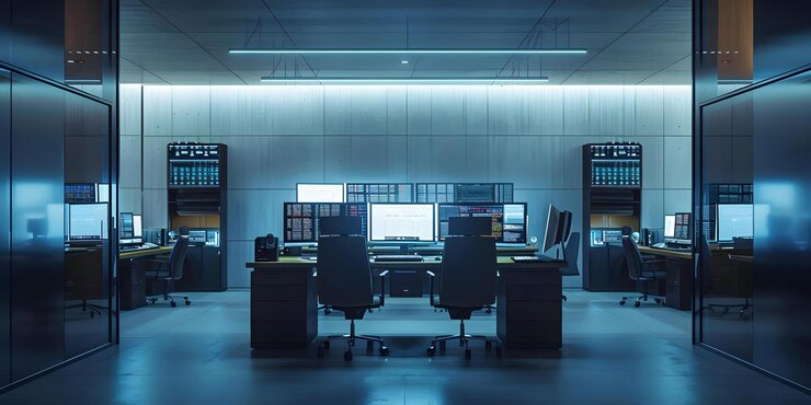Foto sala de control de seguridad moderna vacía con múltiples pantallas y sillas de escritorio de oficina en un centro de datos de seguridad concepto de sala de control de seguridad sillas de escritorios de oficina de tecnología moderna centro de datos