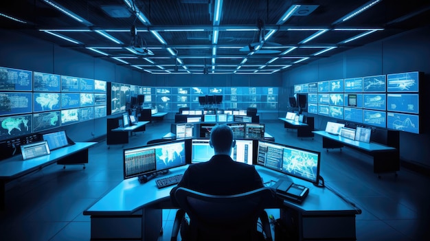 Sala de control del sistema TI con muchos monitores en una instalación de alta tecnología que funciona en las redes neuronales de vigilancia IA generativa