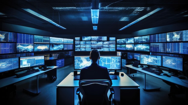 Sala de control del sistema TI con muchos monitores en una instalación de alta tecnología que funciona en las redes neuronales de vigilancia IA generativa