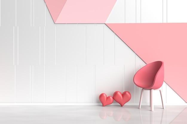 Sala cor-de-rosa Branco-vermelha da cadeira vermelha da decoração do amor, coração vermelho, parede cor-de-rosa-vermelha. Dia dos Namorados. 3d r